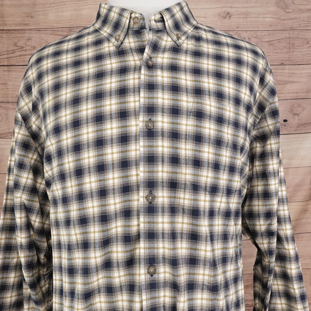 Eddie Bauer Shirt Mens 2XL Blue Tan‎ Plaid Button Down Relaxed Fit Cotton Casual